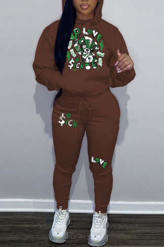 Brown Casual Graphics Print Long Sleeve Hooded Collar Sweatshirt And Pants Sportwear Plus Size Two Piece Jogger Set