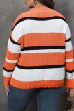 Orange Casual Striped Patchwork V Neck Plus Size Tops
