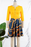 Gelbe, elegante, karierte, geometrisch gestreifte Patchwork-Kleider mit Gürteldruck, Reißverschluss und O-Ausschnitt in A-Linie