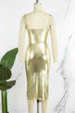 Gold Sexy Casual Solid Backless Half A Turtleneck Wrapped Skirt Dresses
