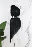 Zwart sexy casual effen rugloze asymmetrische schuine kraag mouwloos twee stukken