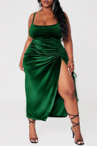 Tintengrünes, sexy, solides Patchwork-Kleid mit Schlitz und Falten und Spaghettiträgern