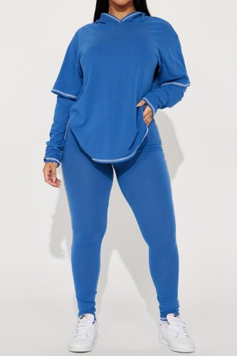 Blue Casual Solid Patchwork Hooded Collar Long Sleeve Two Pieces