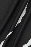 ブラック セクシー カジュアル プリント バックレス スパゲッティ ストラップ ロング ドレス ドレス