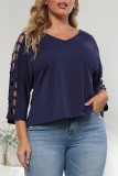 Ink Green Casual Solid Hollowed Out V Neck Plus Size Tops