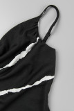 Zwarte sexy casual print backless spaghetti band lange jurk jurken