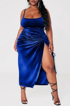Синее сексуальное однотонное платье в стиле пэчворк с разрезом на тонких бретелях