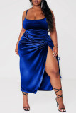 ブルー セクシー ソリッド パッチワーク スリット フォールド スパゲッティ ストラップ スリング ドレス ドレス