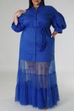 Синее повседневное однотонное лоскутное длинное платье с рубашечным воротником Платья больших размеров
