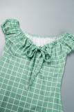 Inktgroene casual geruite print patchwork Frenulum V-hals jurk met korte mouwen