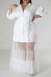 Vestido largo con cuello camisero, informal, liso, blanco, tallas grandes