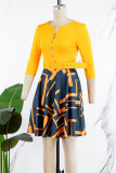 Orange Elegant Plaid Geometric Striped Patchwork With Belt Printing Zipper O Neck A Line Dresses