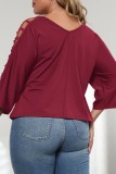Tibetan Blue Casual Solid Hollowed Out V Neck Plus Size Tops
