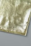 Золотые сексуальные повседневные однотонные платья с открытой спиной, половиной водолазки и юбкой с запахом