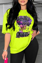 Fluorescent Green Casual Print Basic O Neck T-Shirts