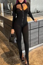 Schwarze, sexy, einfarbige, ausgehöhlte Patchwork-Reißverschluss-Skinny-Jumpsuits