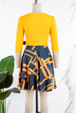 Orange Elegant Plaid Geometric Striped Patchwork With Belt Printing Zipper O Neck A Line Dresses