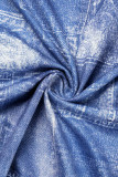 Синий Повседневный С принтом Пэчворк V-образный вырез Длинный рукав Из двух частей