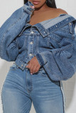 Light Blue Street Solid Patchwork Pocket Buckle Buttons Turndown Collar Long Sleeve Regular Denim Jacket