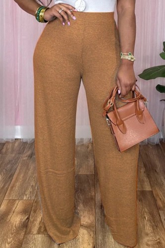 Karamelkleurige casual effen patchwork Grote maat broek met hoge taille