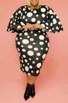 White Celebrities Dot Patchwork O Neck Wrapped Skirt Plus Size Dresses