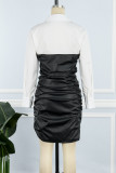 ブラックストリートヴィンテージソリッドパッチワークバックルターンダウンカラー長袖ドレス(フェイクXNUMX)