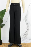 Pantalones negros informales lisos con cinturón, ajustados, de cintura alta, convencionales, de color liso