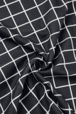 Schwarzes, lässiges, kurzärmliges Patchwork-Frenulum-Kleid mit Karomuster und V-Ausschnitt