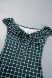 Hellgrünes, lässiges, kurzärmliges Patchwork-Frenulum-Kleid mit Karomuster und V-Ausschnitt
