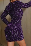 Фиолетовые сексуальные повседневные лоскутные платья с V-образным вырезом и длинными рукавами в стиле пэчворк