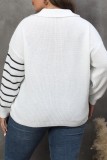 White Casual Striped Basic V Neck Plus Size Tops