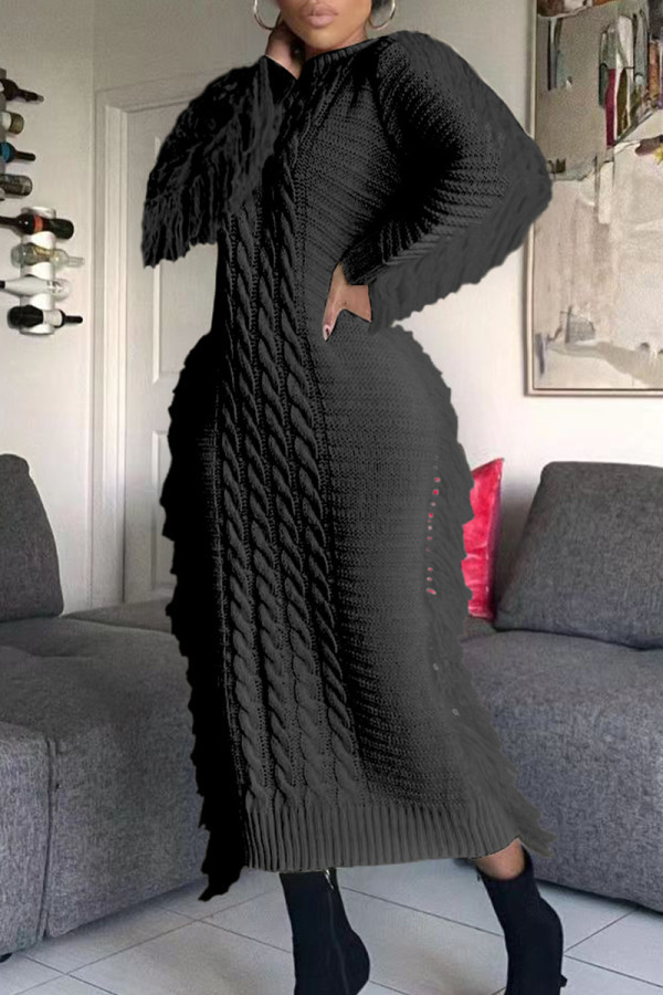 Zwarte casual effen kwastjes patchwork rechte jurken met o-hals