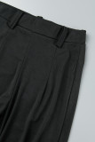 Schwarze, lässige, einfarbige Hose mit Gürtel, schmale, hohe Taille, herkömmliche einfarbige Hose