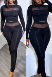 Black Casual Solid Patchwork See-through O Neck Long Sleeve Two Pieces
