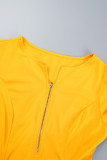 オレンジのエレガントなチェック柄幾何ストライプ パッチワーク ベルト印刷ジッパー O ネック A ライン ドレス