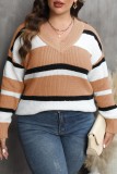 Grey Casual Striped Patchwork V Neck Plus Size Tops