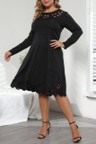Black Casual Solid Hollowed Out O Neck Long Sleeve Plus Size Dresses