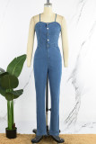 Sky Blue Sexy Casual Solid Backless Spaghetti Strap Sleeveless Skinny Denim Jumpsuits