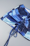 Azul Royal Sexy Print Bandage Backless Halter Sem Mangas Duas Peças