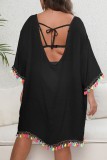 Черное повседневное однотонное пляжное платье с кисточками и круглым вырезом в стиле пэчворк Платья больших размеров