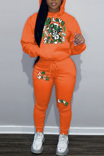 Orange Casual Graphics Print Long Sleeve Hooded Collar Sweatshirt And Pants Sportwear Plus Size Two Piece Jogger Set