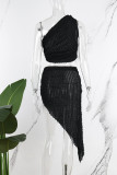 Zwart sexy casual effen rugloze asymmetrische schuine kraag mouwloos twee stukken