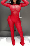 Rote, sexy, einfarbige Spitze, ausgehöhlt, Patchwork, durchsichtig, O-Ausschnitt, lange Ärmel, zweiteilig