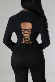 Black Sexy Solid Bandage Patchwork Buttons Backless Turndown Collar Tops