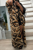 Leopard Print Casual Street Leopard Patchwork Slit Cardigan O Neck Outerwear（With A Turban）