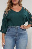 Black Casual Solid Hollowed Out V Neck Plus Size Tops