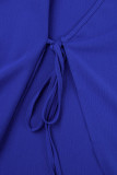 Blaue, lässige, solide Patchwork-Frenulum-V-Ausschnitt-Langarmkleider in Übergröße