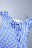 ブルー カジュアル チェック柄 プリント パッチワーク 小帯 V ネック 半袖 ドレス