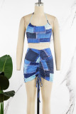 Royal Blue Sexy Print Bandage Backless Halter Sleeveless Two Pieces
