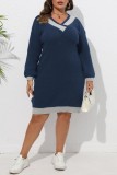 Blue Casual Patchwork Contrast V Neck Long Sleeve Plus Size Dresses (Without Belt)